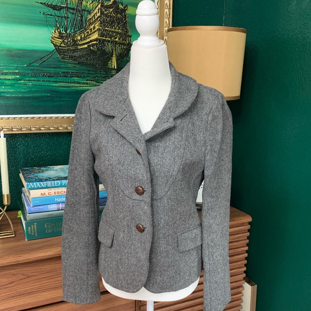 J Crew Gray Blazer with woven leather buttons